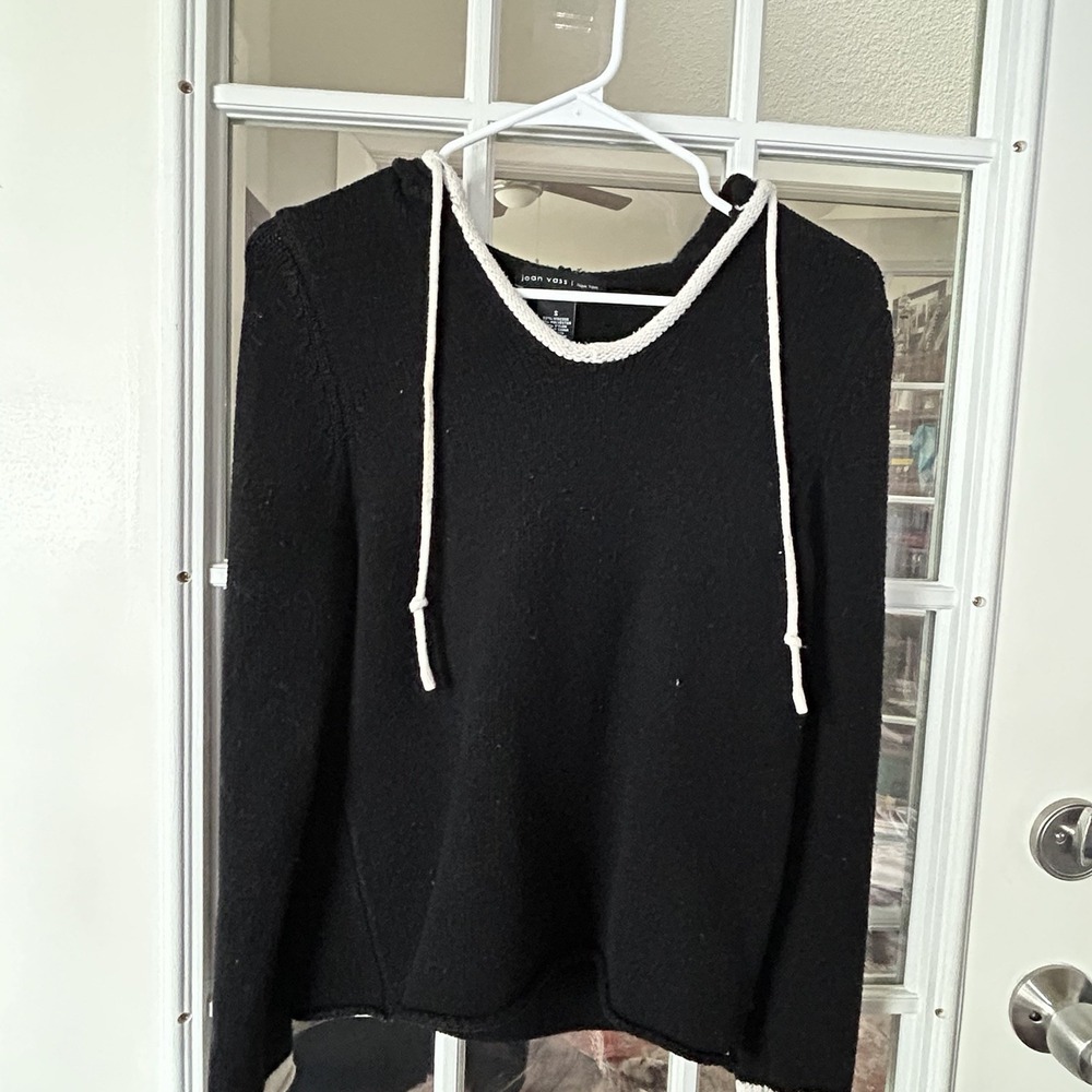 Joan Vass New York Black Knit Hooded V-neck Pullover Sweater Contrast Trim Small